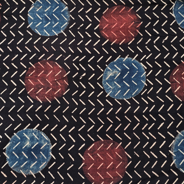 Pure Cotton Ajrak Black With Self  Design And Big Circle Motif  Hand Block Print Fabric