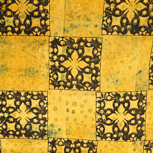 Pure Cotton Ajrak Yellow With Flower Design Blocks  Hand Block Print Fabric