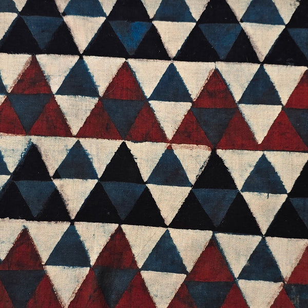 ( Pre-Cut 1.30 Meter ) Pure Cotton Ajrak Cream With Maroon And Rust Blue Triangle Hand Block Print Fabric