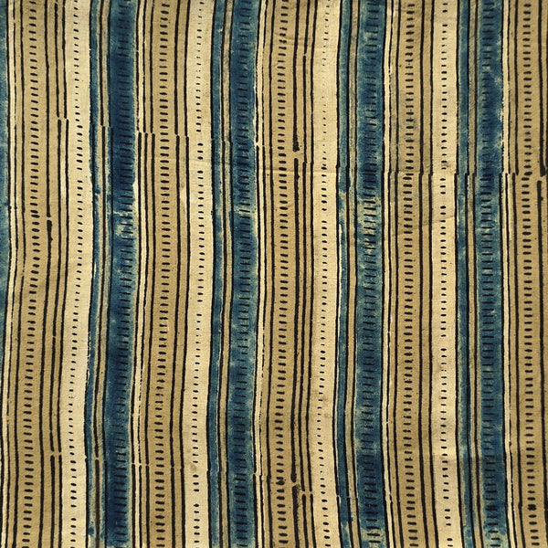 Pure Cotton Ajrak Cream With Mustard And Blue Design stipes  Hand Block Print Fabric