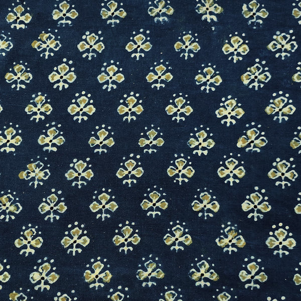 (PRE-CUT 1.45 METER) Pure Cotton Ajrak Blue With Mustard Small Flower Motif  Hand Block Print Fabric