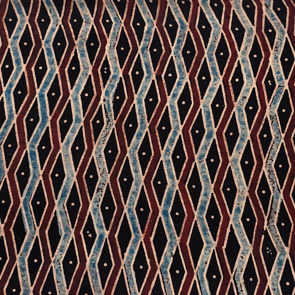 Pure Cotton Ajrak Black With Rust  Blue And Maroon geometric pattern Hand Block Print Fabric