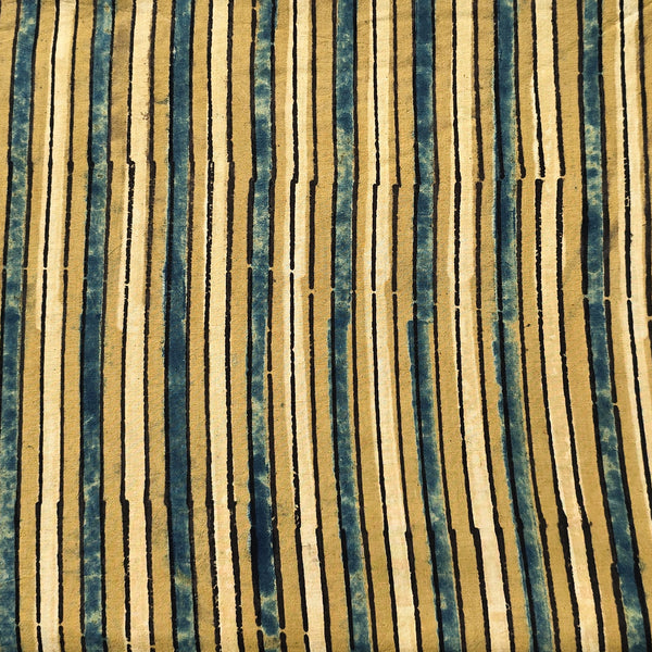 Pure Cotton Ajrak Mustard With Rust Blue Stripes  Hand Block Print Fabric