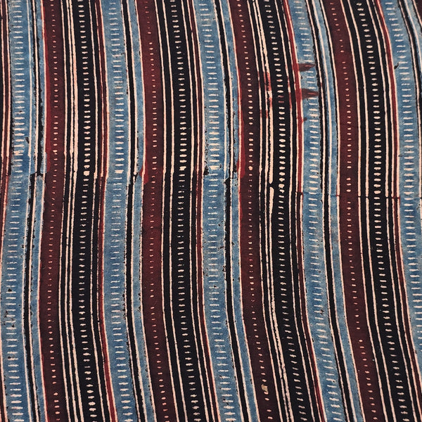 (Pre-Cut 0.90 Meter) Pure Cotton Ajrak Rust Blue With Maroon And Black Design Stripes Hand Block Print Fabric