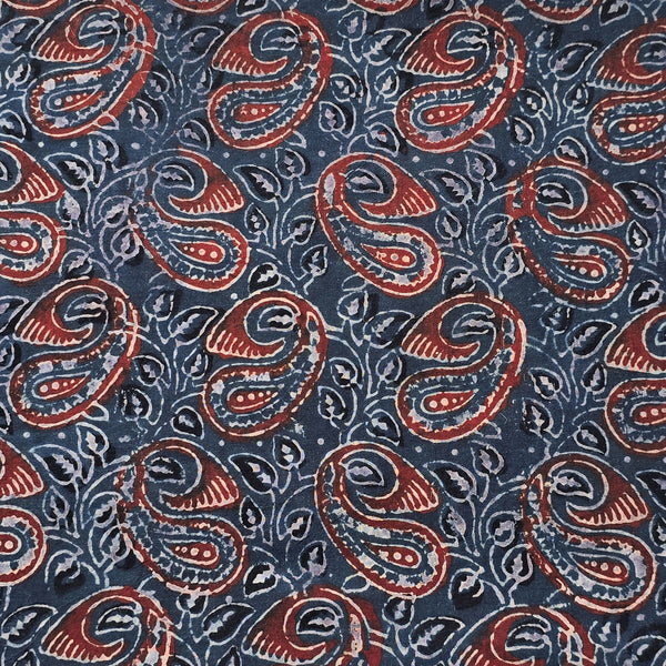Pure Cotton Ajrak Blue With Maroon Kairi Jaal  Hand Block Print Fabric