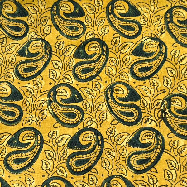 Pure Cotton Ajrak Yellow With Green Kairi Jaal  Hand Block Print Fabric