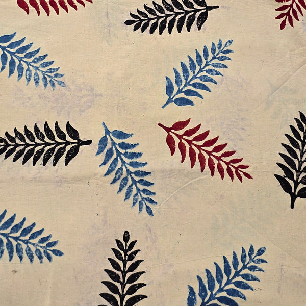 Pure Cotton Ajrak Cream With Blue Red And Black Leaves Hand Block Print Fabric