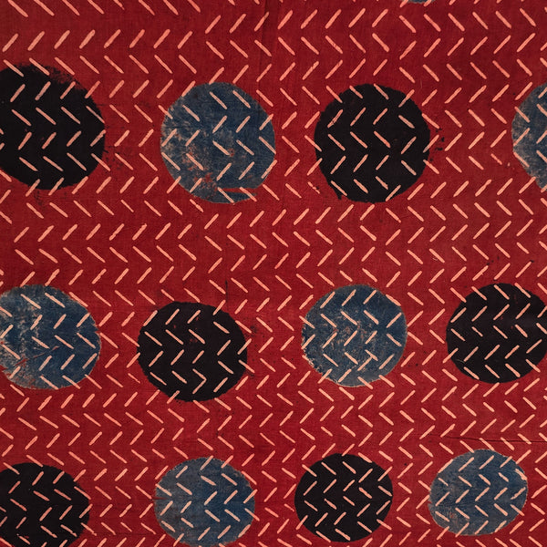 Pure Cotton Ajrak Rust Red With Self Design And Big Circle Motif Hand Block Print Fabric