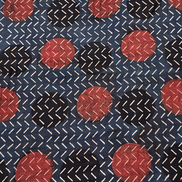 Pure Cotton Ajrak Blue With Self Design And Big Circle Motif Hand Block Print Fabric