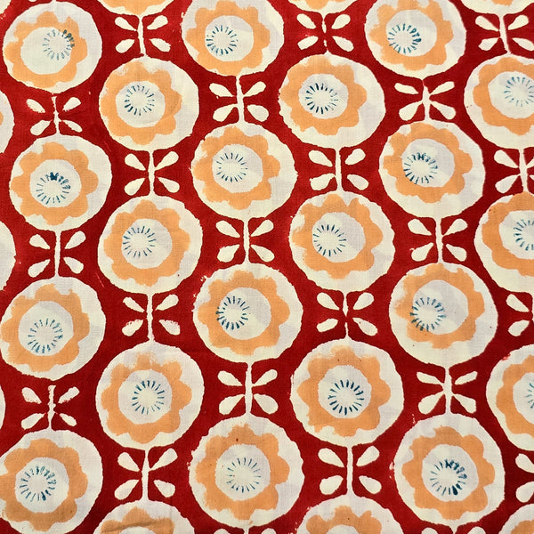Pure Cotton Discharge Red With Peach Flower Hand Block Print Fabric