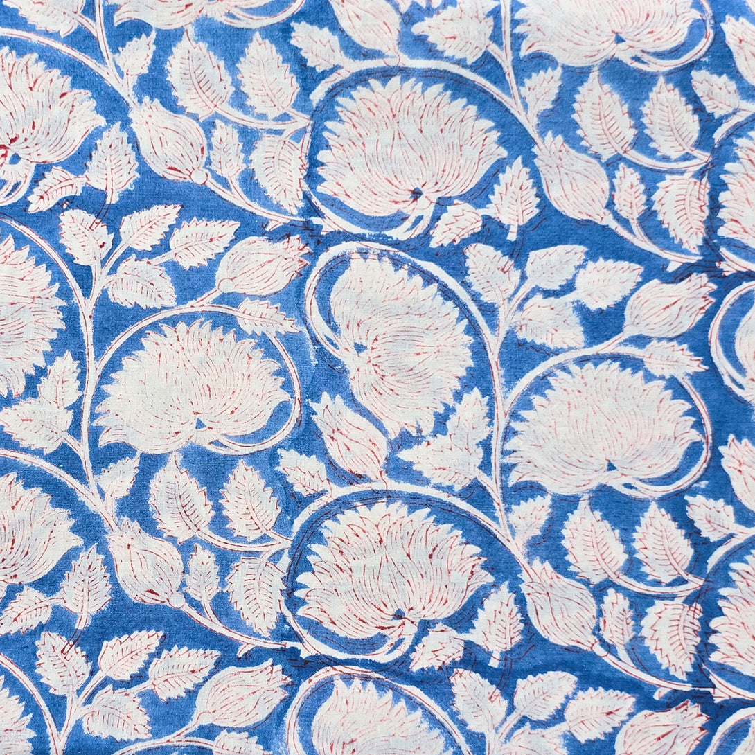 (PRE-CUT 1.95 METER) Pure Cotton Jaipuri Blue With White Flower Jaal H ...