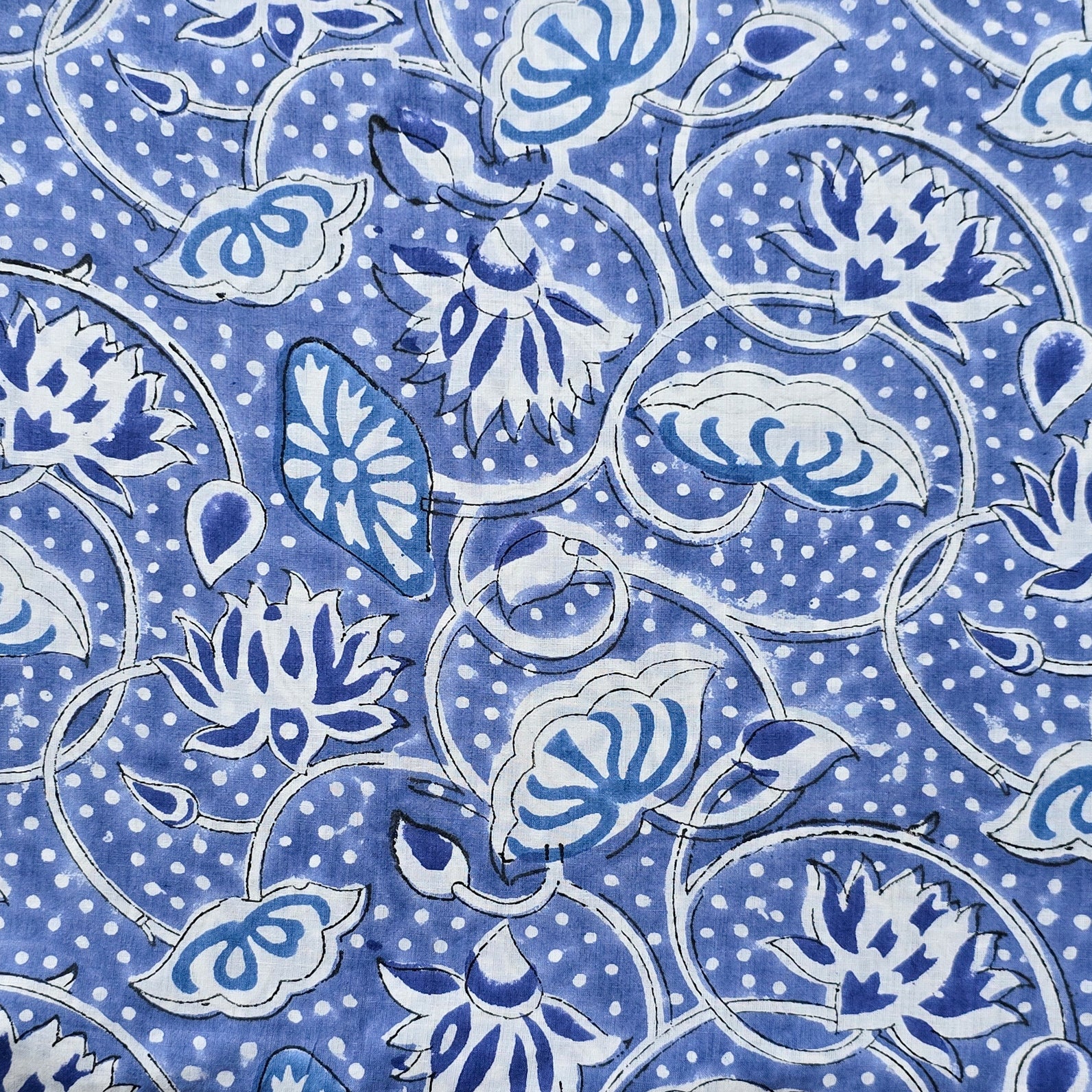 (PRE-CUT 1.70 METER) Pure Cotton Jaipuri Blue With White Flower Jaal H ...