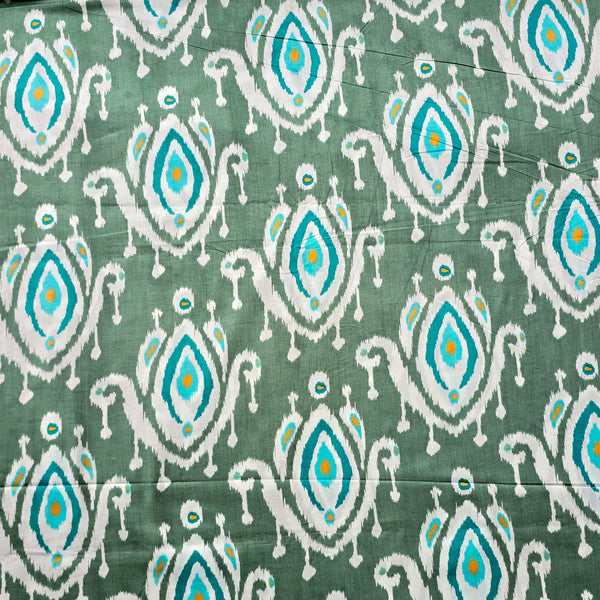 Pure Cotton Screen Print Mint Green With Teal Blue big Flower Motif Design Fabric