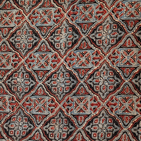 Pure Cotton Ajrak Rust Red With Black And Blue Intricate Design  Hand Block Print Fabric