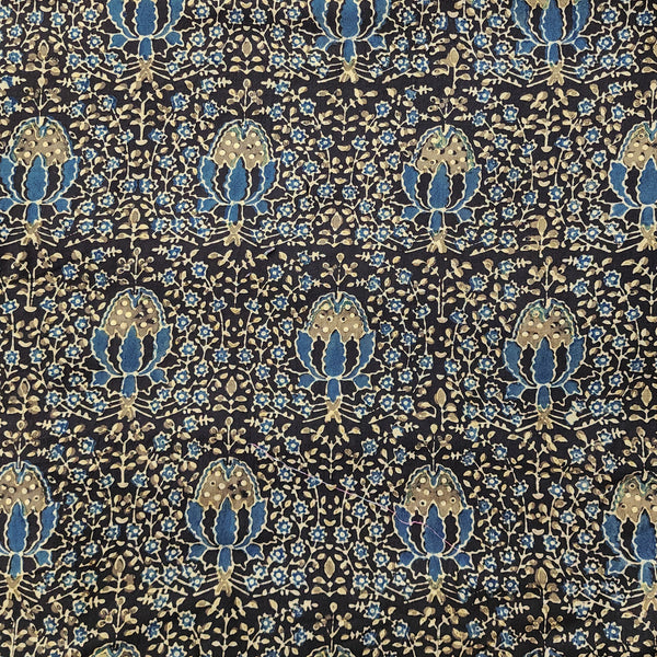 Pure Cotton Gad Ajrak  Taupe With Rust Blue Flower And Fruit Jaal Hand Block Print Fabric