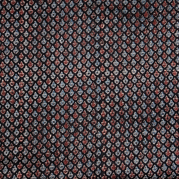 Pure Cotton Gad Ajrak Black With Rust Blue  And Maroon Tiny Motifs Hand Block Print Fabric
