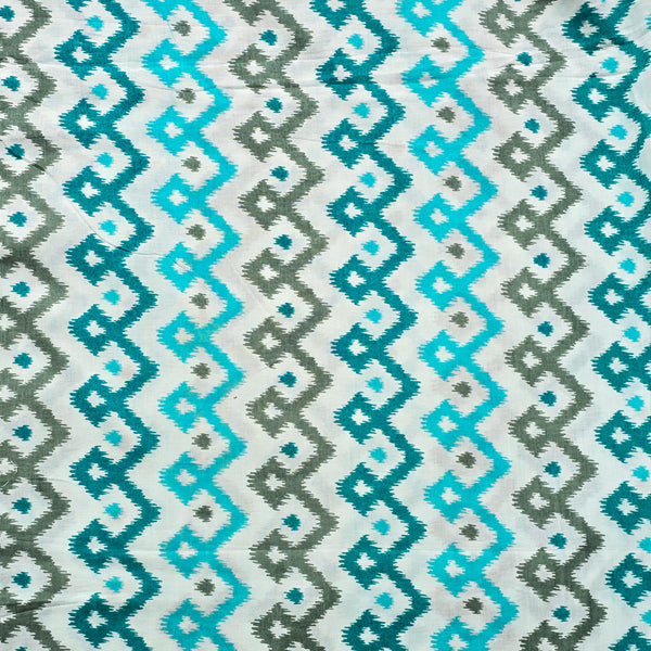 Pure Cotton Screen Print White With Light Blue  And Shade Of Green Border Design Design Fabric