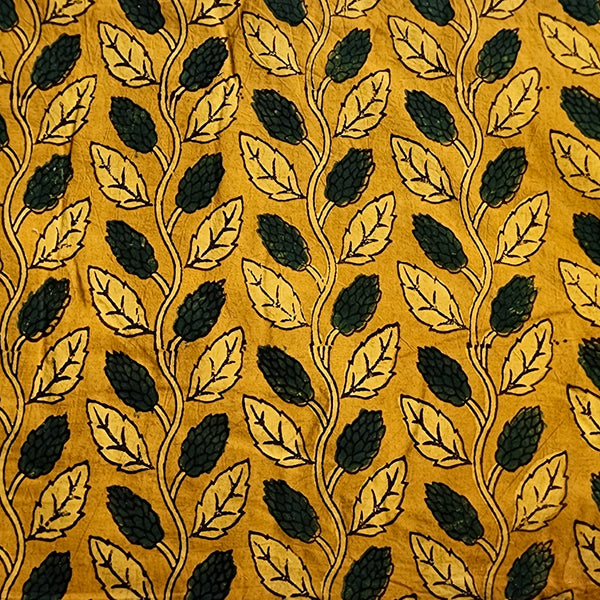 Pure Cotton Gad Ajrak Yellow With Green Leaves Creeper  Hand Block Print Fabric