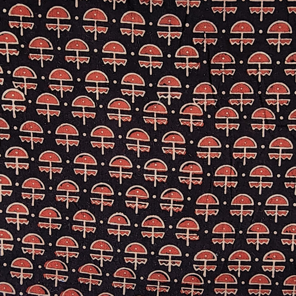 Pure Cotton Ajrak Vegetable Dyed Black With Maroon Mushroom Motif Hand Block Print Fabric