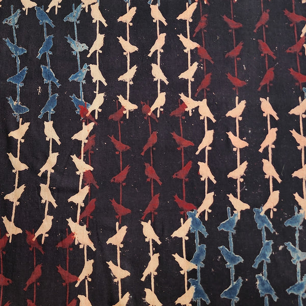 Pure Cotton Ajrak Black With white Blue and maroon birds stripes Hand Block Print Fabric