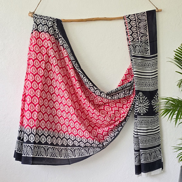 VEERA- Pure Cotton Pink With Black Design Motif Saree