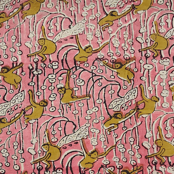 (Pre-cut 0.90 meter)Pure Cotton Bagru Pink With Mustard jumping monkey Hand Block Print Fabric
