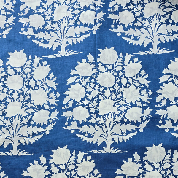 Pure Cotton Blue With White Big Flower Plant Screen Print Fabric