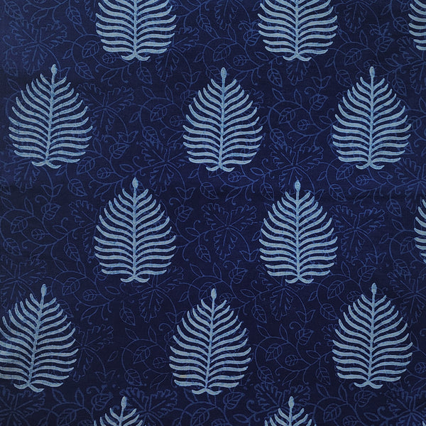 Pure Cotton Akola Indigo With White Fat Leaf Motif With Blue Leaves Jaal Hand Block Print Fabric
