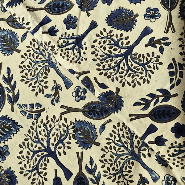 Pure Cotton Gad Ajrak Cream With Rust Blue Tree Motif Hand Block Print Fabric