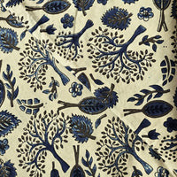 Pure Cotton Gad Ajrak Cream With Rust Blue Tree Motif Hand Block Print Fabric