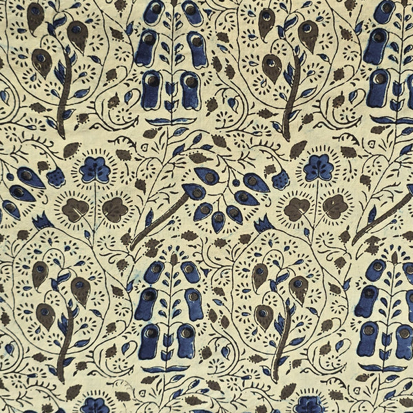 Pure Cotton Gad Ajrak Cream With  Rust Blue Flower Garden Hand Block Print Fabric