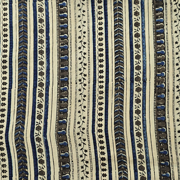 Pure Cotton Gad Ajrak Cream With Blue Border Design Stripes Hand Block Print Fabric