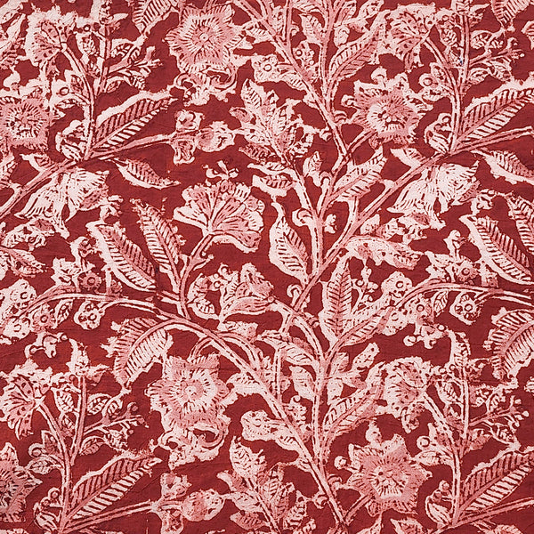 Pure Cotton Kalamkari Red With Flower Jaal Hand Block Print Fabric