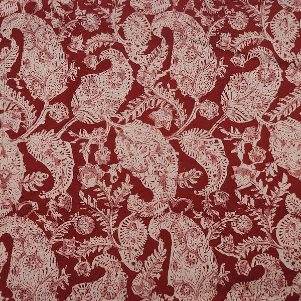 Pure Cotton Kalamkari Red With Cream Kairi Jaal Hand Block Print Fabric