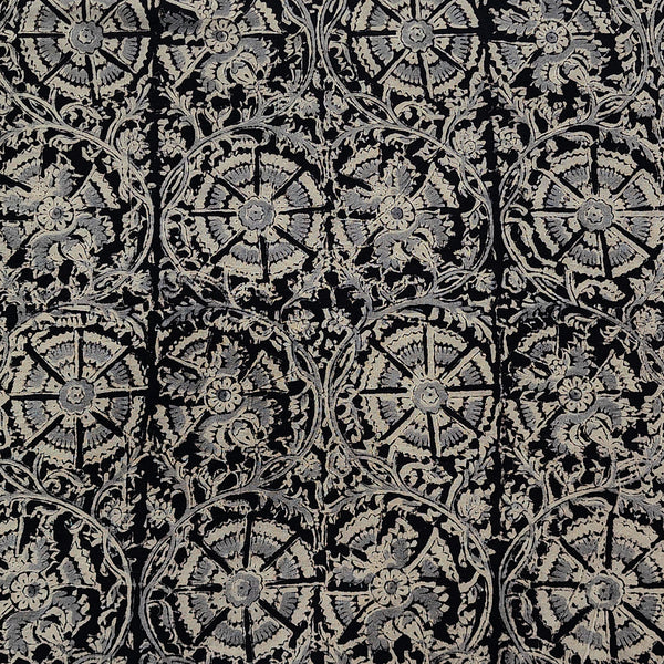 New Pure Cotton Kalamkari Black With Cream Wild Flower Jaal Hand Block Print Fabric