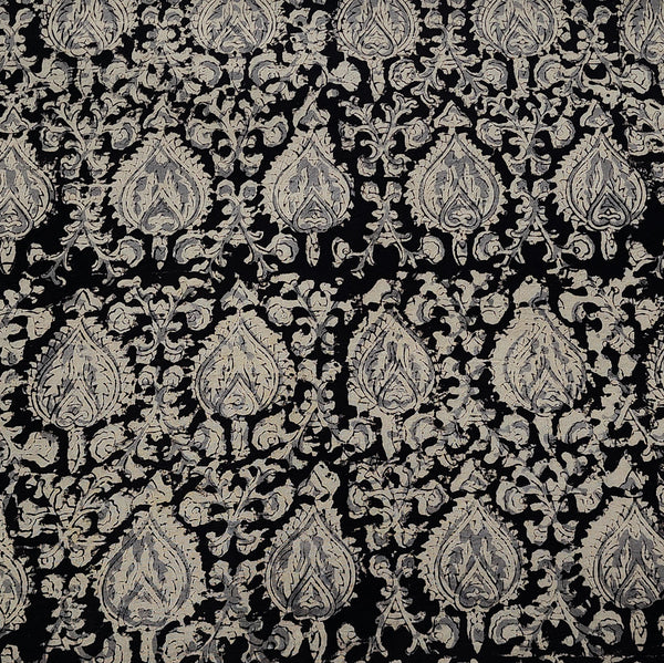 Pure Cotton Kalamkari Black With Cream Heart Flower Jaal Hand Block Print Fabric in