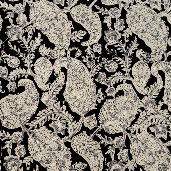 Pure Cotton Kalamkari Black With Cream Kairi Jaal Hand Block Print Fabric
