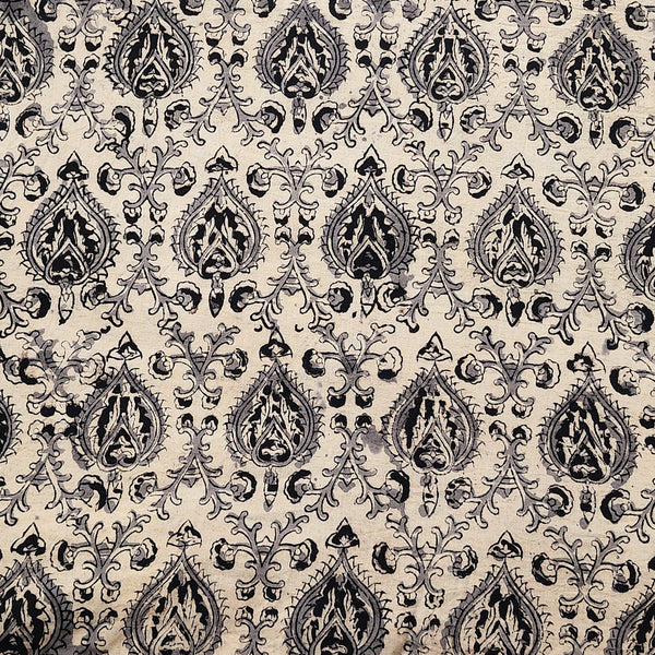Pure Cotton Kalamkari Cream With Black Heart Flower Jaal Hand Block Print Fabric