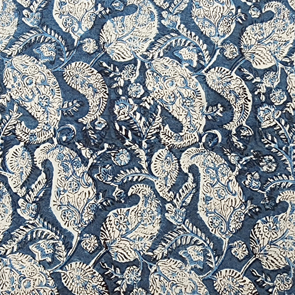 Pure Cotton Kalamkari Blue With Cream Kairi Jaal Hand Block Print Fabric