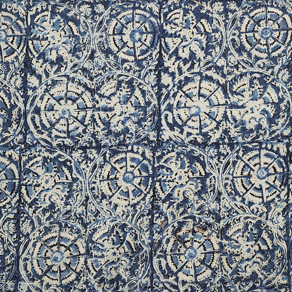 Pure Cotton Kalamkari Blue With Cream Wild Flower Jaal Hand Block Print Fabric