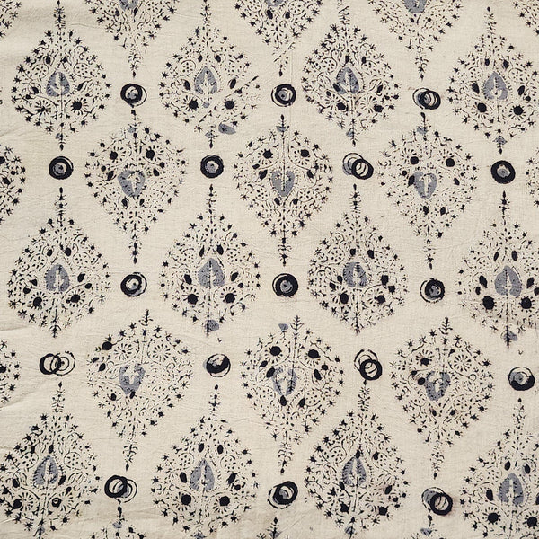 Pure Cotton Kalamkari Cream With Black Leaf Motif Hand Block Print Fabric