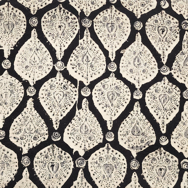 Pure Cotton Kalamkari Black With Cream Leaf Motif Hand Block Print Fabric