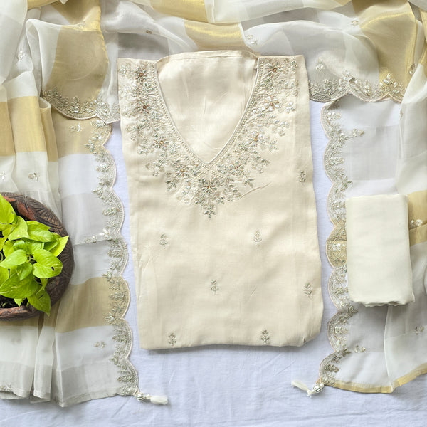 VAANI - Chinon  Cream With Embroided Yoke V Neck Suit