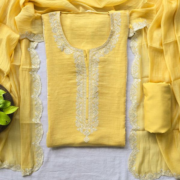 VAANI -Mul Chanderi Yellow  With Applique Work Yoke Suit