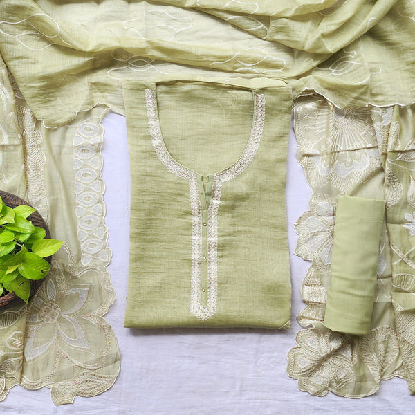 VAANI -Mul Chanderi Pista Green With Sequence Work Yoke Suit