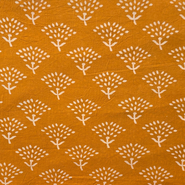 ( Pre-Cut 1.65 Meter ) Pure Cotton Dabu Tangerine With Off White Flower Plant Motif Hand Block Print Fabric