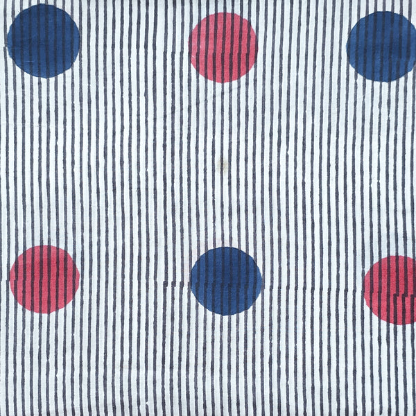 (PRE-CUT 1 METER) Pure Cotton Jaipuri White With Red  And Blue Stripes With Polka Dotes Hand Block Print Fabric