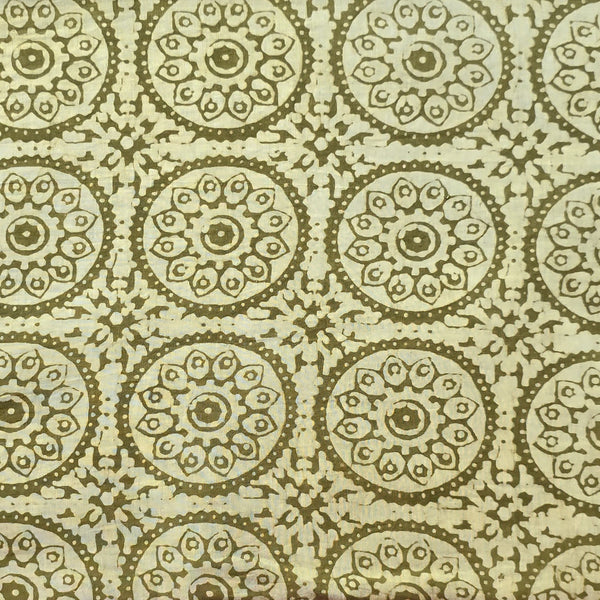 Pure Cotton Dabu Cream And Mahindi Green With Chakra Design Hand Block Print Fabric