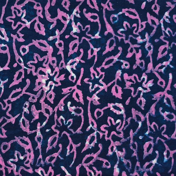 (PRE-CUT 1 METER) Pure Cotton Dabu Navy Blue With Purple  Flower Jaal Hand Block Print Fabric