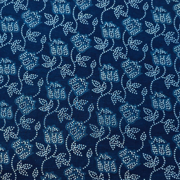 ( Pre-Cut  2.45 Meter ) Pure Cotton Indigo With Flower Jaal Hand Block Print Fabric